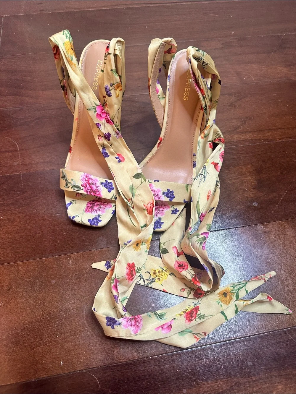 Express Floral Tie-Wrap Heeled Sandals in Yellow